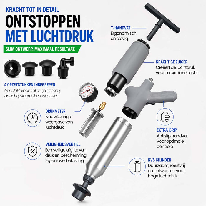Professionele WC en Gootsteen Ontstopper - op luchtdruk Tot 8 Bar