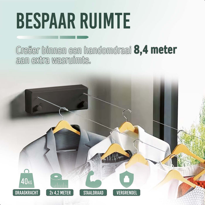 Waslijn Uittrekbaar - Automatisch Systeem - Staalgevlochten - 2x 4,2 meter