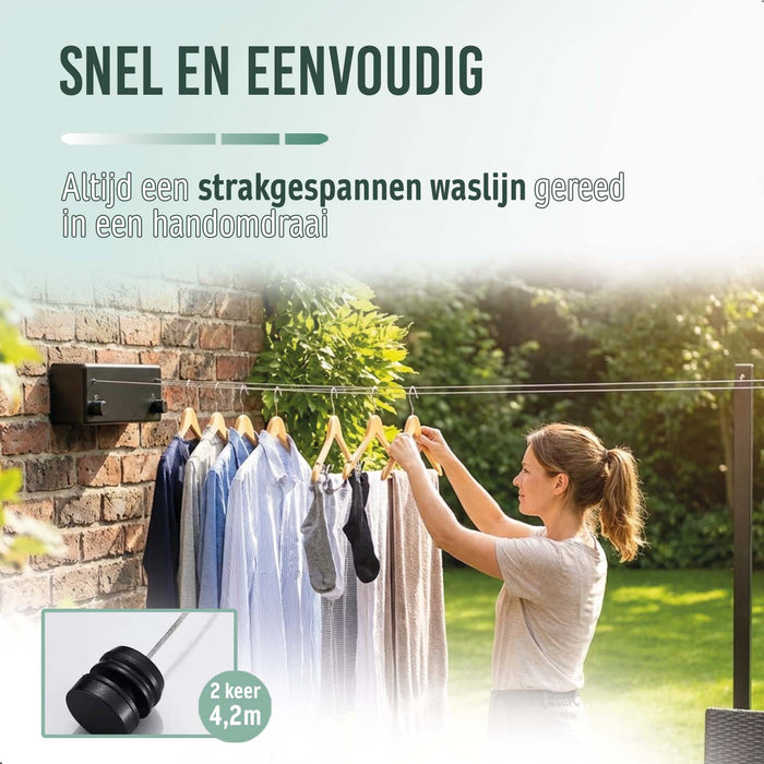 Waslijn Uittrekbaar - Automatisch Systeem - Staalgevlochten - 2x 4,2 meter